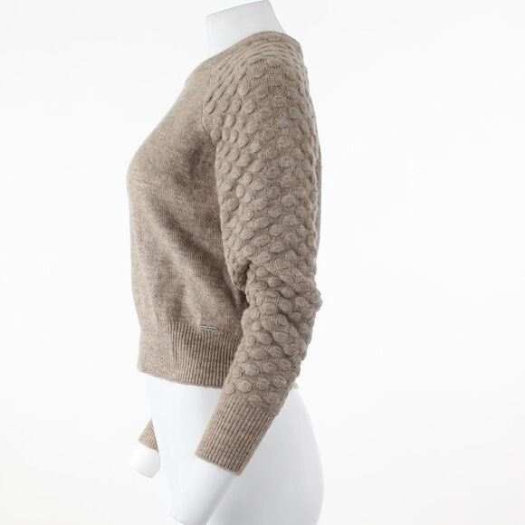 DKNY Women's Long Sleeve Crewneck Pom Pom Sleeve Sweater in Brown - Picture 4 of 5